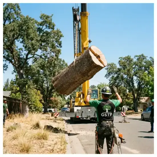 Crane lifting a large tree section